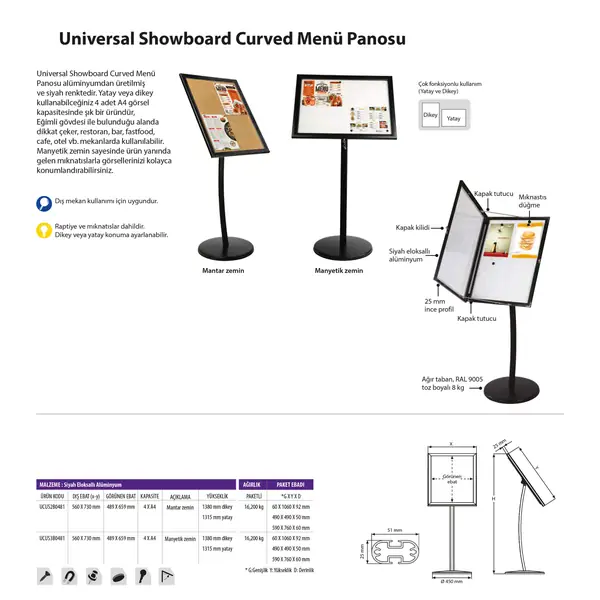 Universal Showboard Curved Menü Panosu